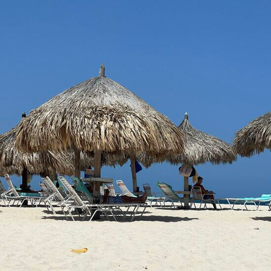 Palapa umbrellas on a beach in Aruba