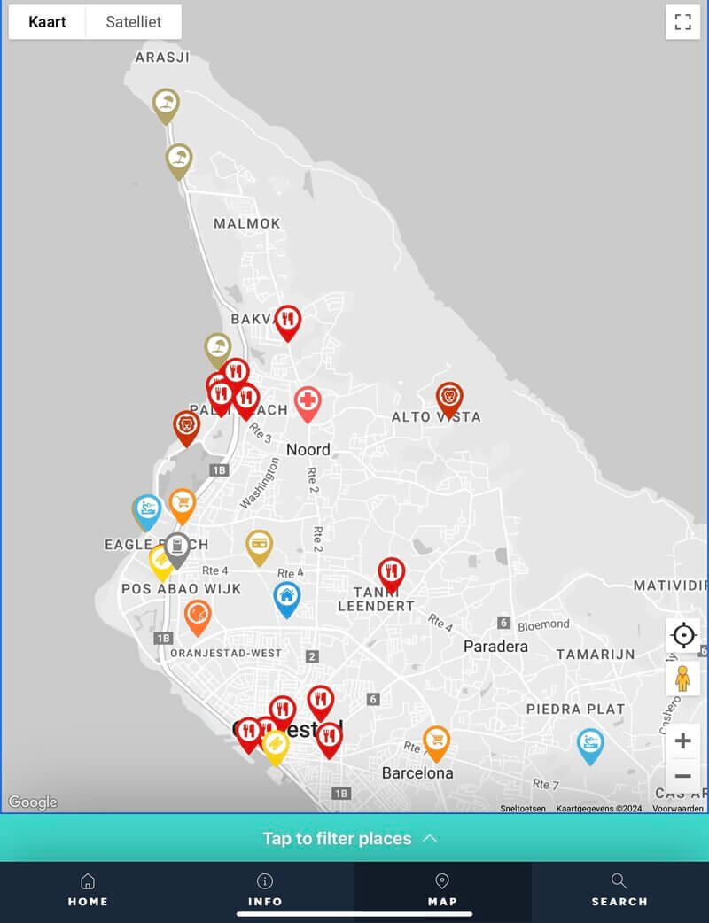 Kaart met locaties en tips op Aruba
